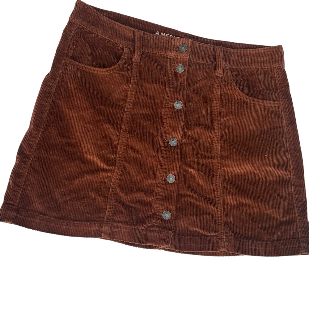 American Eagle high rise A-Line brown button down corduroy mini skirt size 14